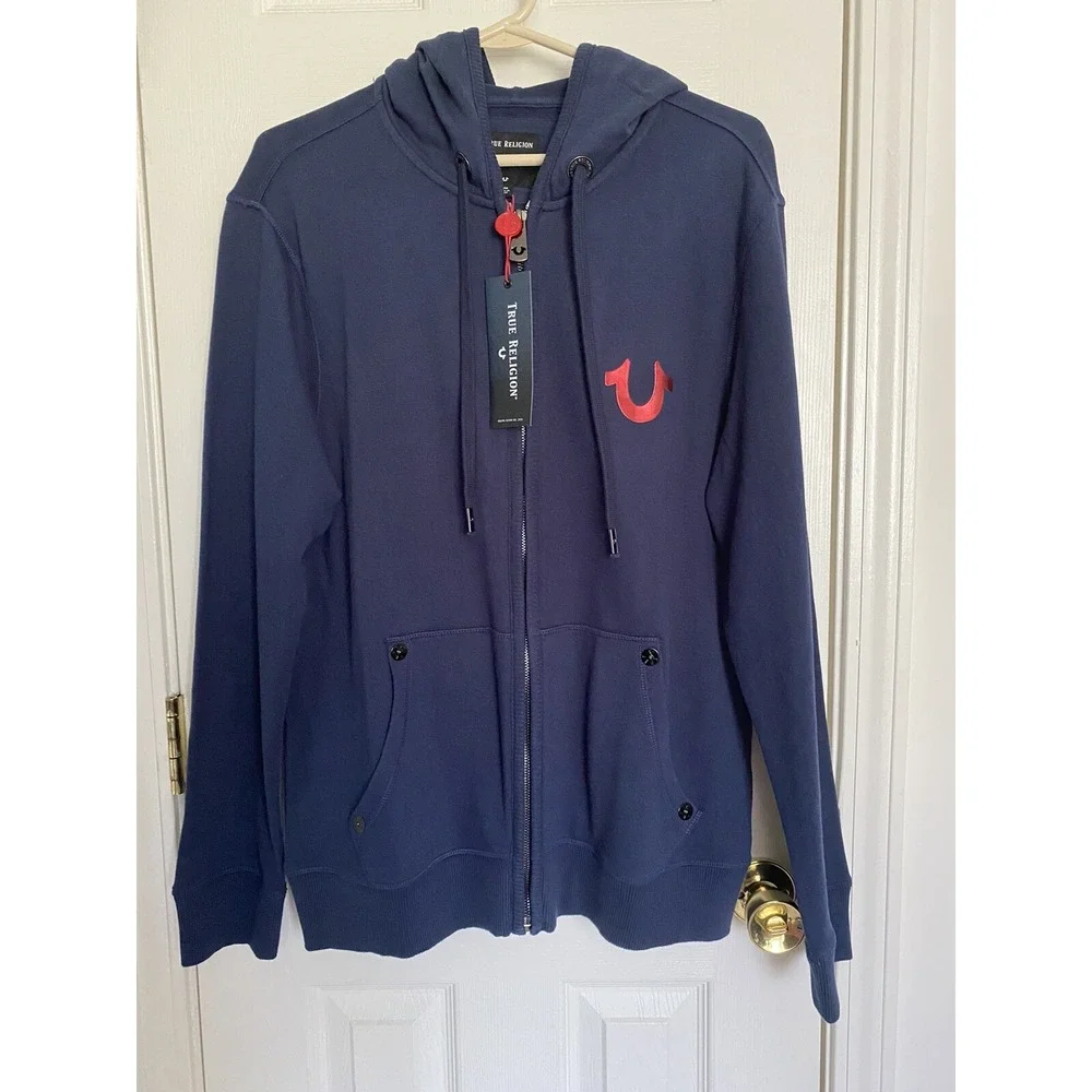 True Religion Mens Navy Blue Zip Up Hoodie Buddha World Tour Graphic Size M‎